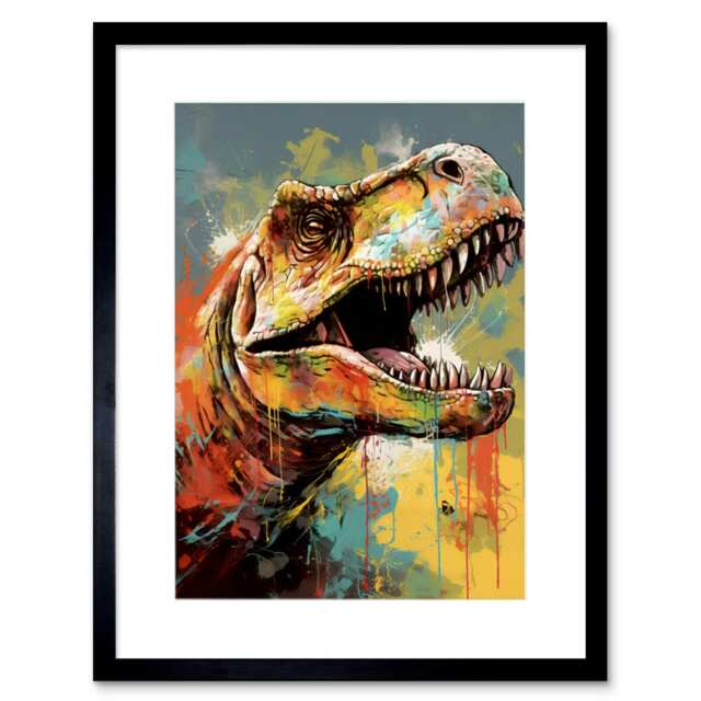 "T Rex Roaring Dinosaur Jurassic Tyrannosaurus Head 9x7"" Black Framed Wall Art Print"
