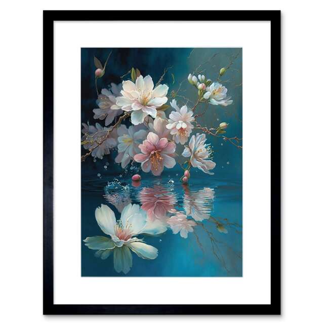 "Cherry Blossom Branch Dancing Over Water Watercolour 9x7"" Black Framed Wall Art Print"