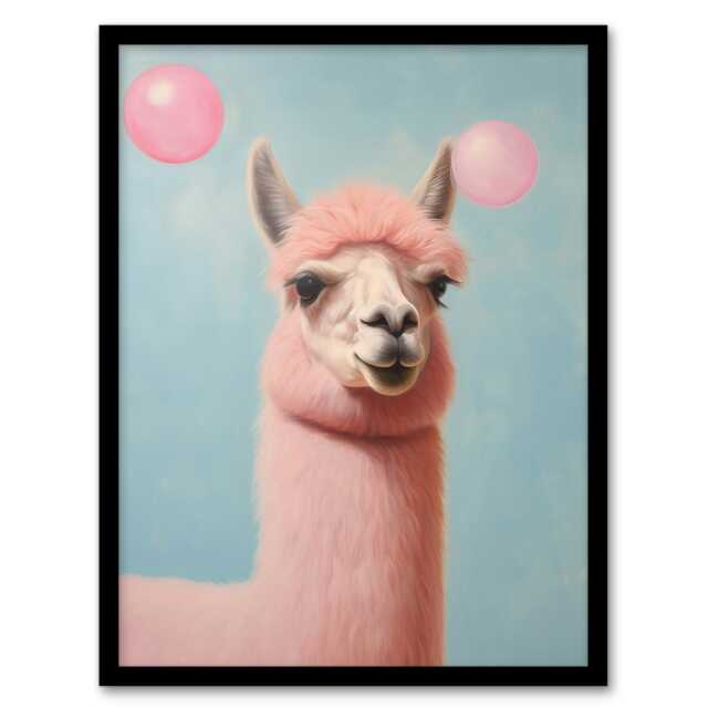 Bubblegum Pastel Pink Fun Kids Llama Home Decor Black Framed Wall Art Print A4