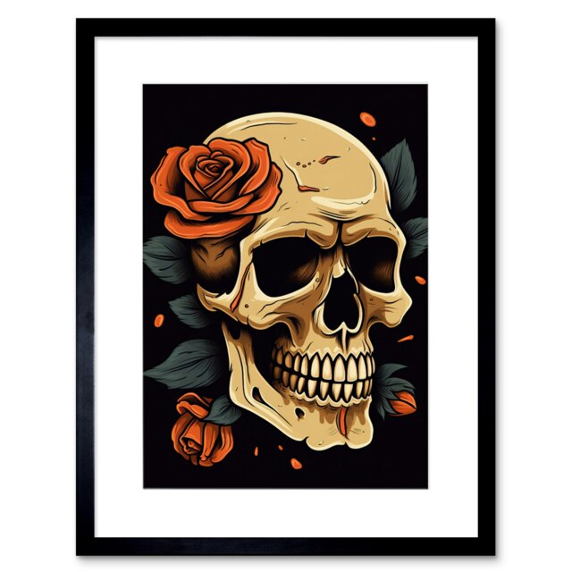 "Skull Roses Dark Old School USA Tattoo Body Rockabilly 50s 9x7"" Black Framed Wall Art Print"
