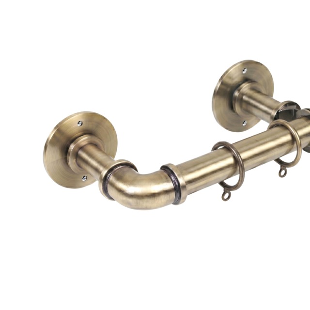 Lister Cartwright 25mm Antique Brass Industrial Pipe Extendable Curtain Pole Heavy Duty Metal Curtain Rod with Rings(120-320 cm)