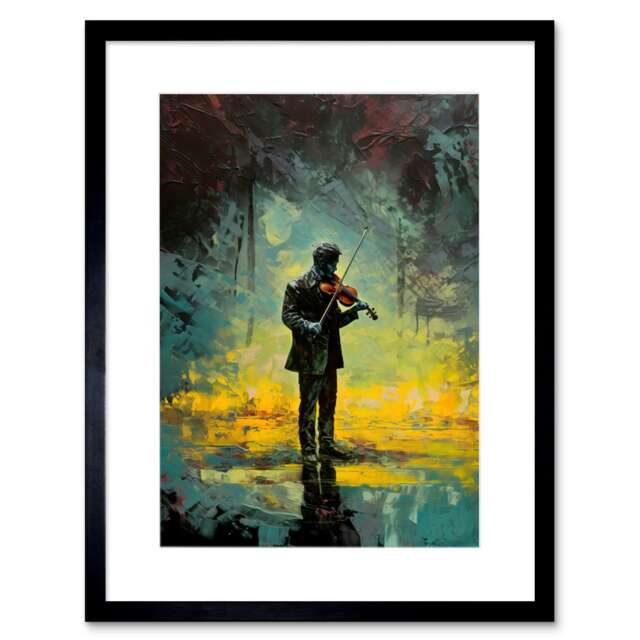 "Street Musician Playing Violin After Rain 9x7"" Black Framed Wall Art Print"