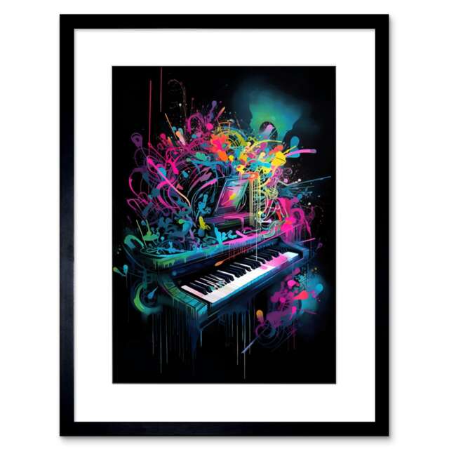 "Melodic Explosion Piano Bursting Vibrant Painting 9x7"" Black Framed Wall Art Print"
