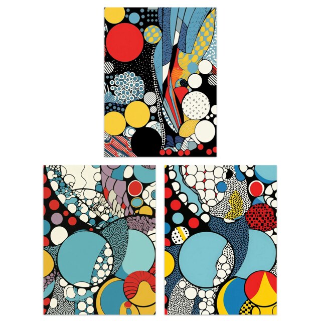 Set of 3 Abstract Bubbles Patterns Pop Artwork Blue Red Yellow Wall Art Prints 12X16 Inch