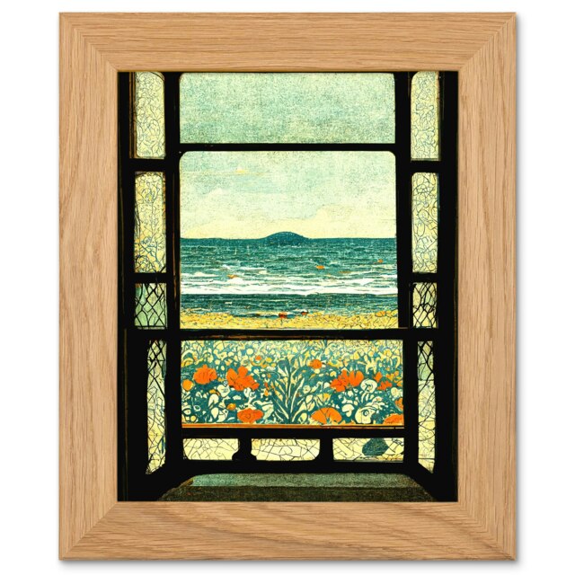 A Sea View Seaside Beach Flowers Art Oak Wood Framed Wall Print