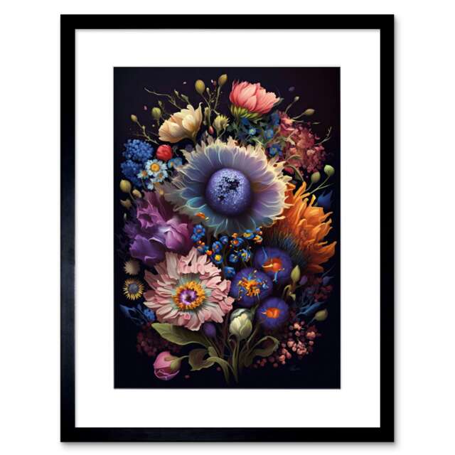"Flower Bouquet Purple Pink Orange Floral 9x7"" Black Framed Wall Art Print"