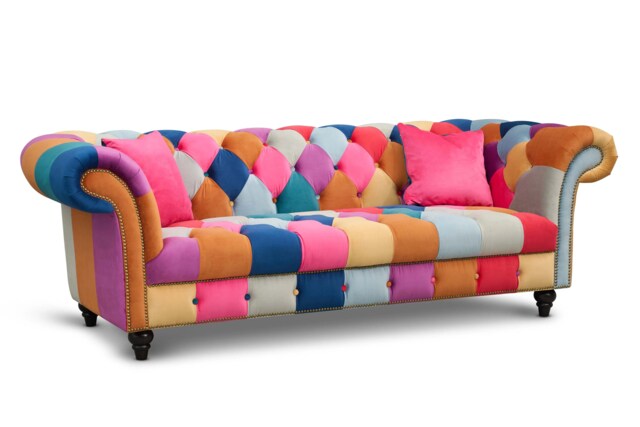 Multicoloured Velvet Patchwork 3 Seater Scroll Arm Chesterfield Sofa PORTOFINO