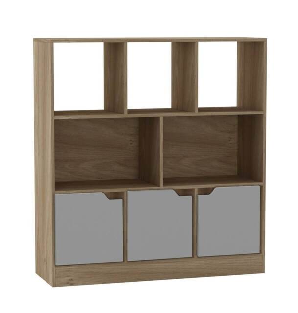 Asymmetrical 8 Cube Oak Freestanding Bookcase Shelf Storage Unit with 3 Doors Grey Plain Doors - Grey 1