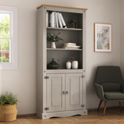 Corona Bookcase 2 Door Grey Display Cupboard 3 Book Shelves Solid Mexican Pine