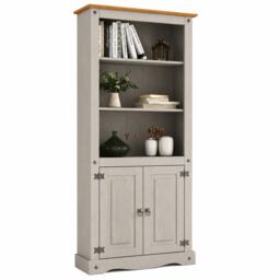 Corona Bookcase 2 Door Grey Display Cupboard 3 Book Shelves Solid Mexican Pine