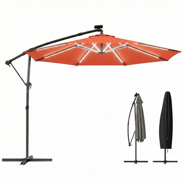 Outsunny 3 m Garden Cantilever Parasol with Solar Light, Rotation Orange Orange 300 x 300 x 235 cm
