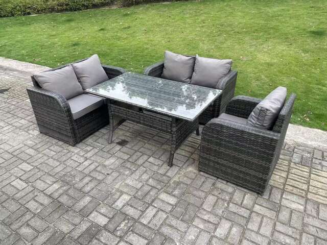 Fimous Dark Grey PE Wicker Rattan Garden Furniture Set Reclining Chair Love Sofa 2 Seater Sofa Set Outdoor Rectangular Dining Table 5 Seater