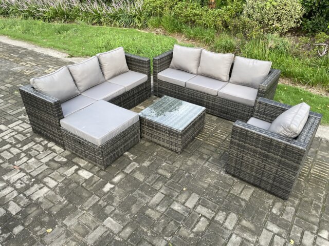 Fimous Rattan Garden Furniture Sofa Set with Armchair Square Coffee Table Big Footstool Indoor Outdoor 8 Seater Rattan Set Dark Grey Mixed