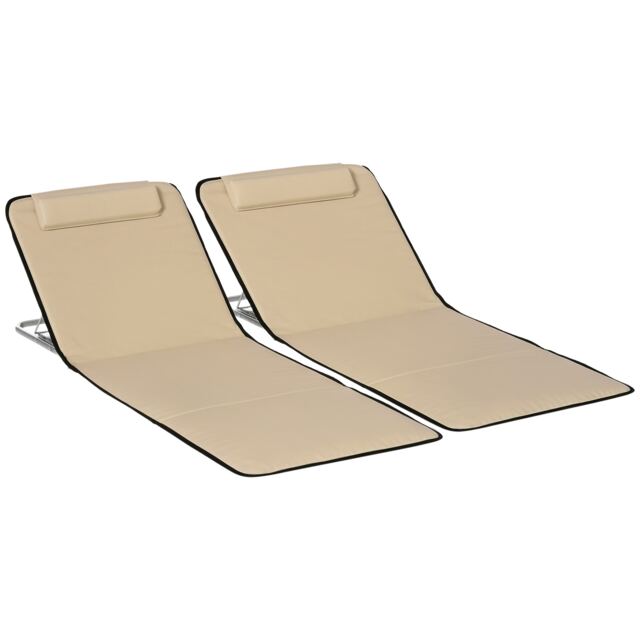 Outsunny 2 Pieces Outdoor Beach Mat Steel Reclining Chair Set w/ Pillow Beige White