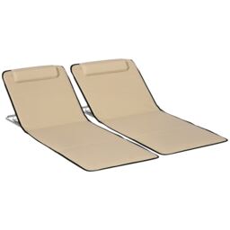 Outsunny 2 Pieces Outdoor Beach Mat Steel Reclining Chair Set w/ Pillow Beige White
