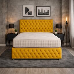 6FT Superking Yellow Mustard Plush Velvet Divan Bed With Headboard & Footboard and Memory Sprung Mattress 4 Drawers
