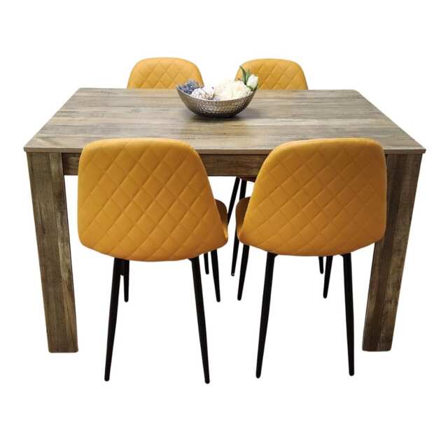 Dining Table and 4 Chairs Rustic Effect Wood with 4 Mustard Gem Patterned Chairs