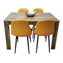 Dining Table and 4 Chairs Rustic Effect Wood with 4 Mustard Gem Patterned Chairs