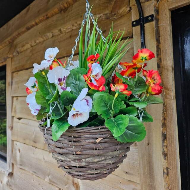 Best Artificial Flame Red & White Pansy Flower with Decorative Rattan Hanging Basket for Indoor or Outdoor Use Red Flame Red & White 1