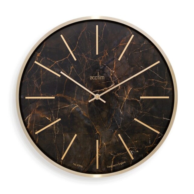 Acctim Luxe Wall Clock Quartz Brushed Metal Embossed Golden Batons Brass Hands Dark Marble 40cm Gold One Size