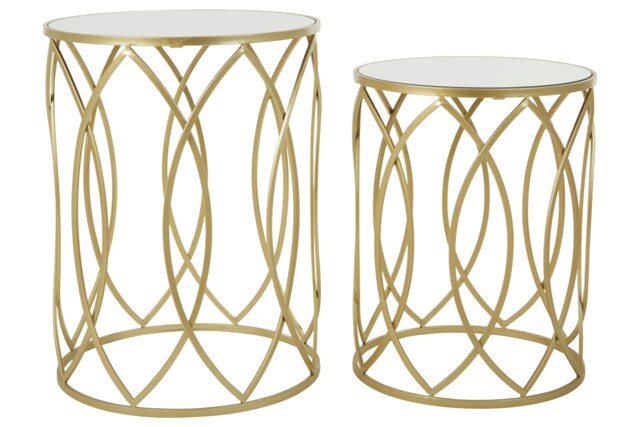 Interiors by Premier Set of 2 Champagne Finish Side Tables, Nesting Round Tables with Mirrored Glass Tops, Metal Frame Tables Gold