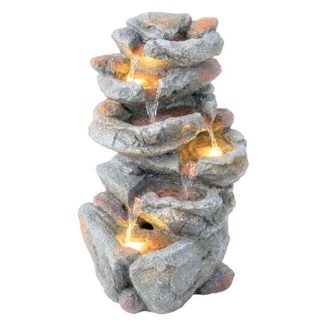 Outsunny Outdoor Water Fountain with 6-Tier Rock Style, LED Lights, Grey Grey Grey 33L x 27W x 53H cm