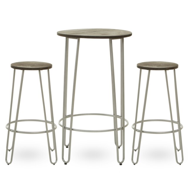 Interiors by Premier Set of 3 Silver Frame Bar Table Stool Set , Hairpin Stool for Kitchen Counter, Elm Wood Metal Frame Stool