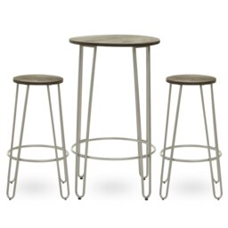 Interiors by Premier Set of 3 Silver Frame Bar Table Stool Set , Hairpin Stool for Kitchen Counter, Elm Wood Metal Frame Stool