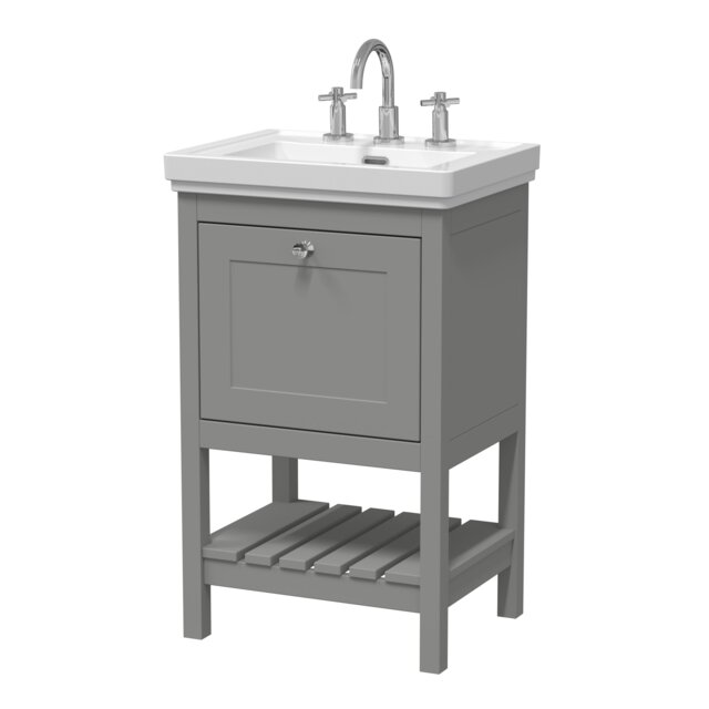 Traditional Furniture Floor Standing 1 Drawer Vanity & 3 Tap Hole Fireclay Basin, 500mm, Cool Grey Grey