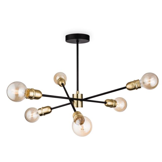 Trident 6 Light Multi Arm Semi Flush Light Black with Brushed Brass, E27