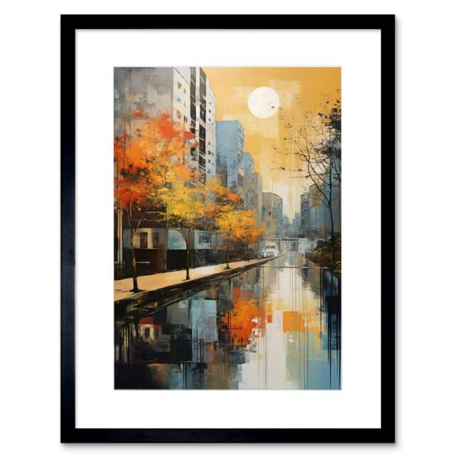 "Cityscape River Canal Trees Autumn City 9x7"" Black Framed Wall Art Print"
