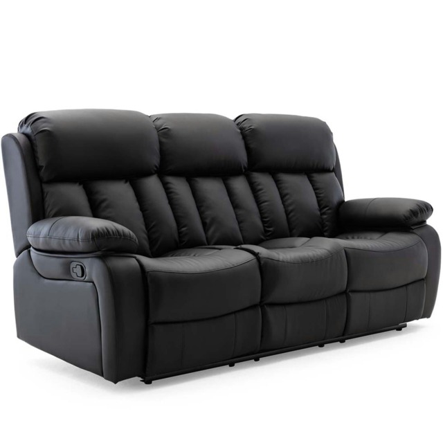 Chester 3 Seater Manual High Back Bonded Leather Recliner Sofa (Black)