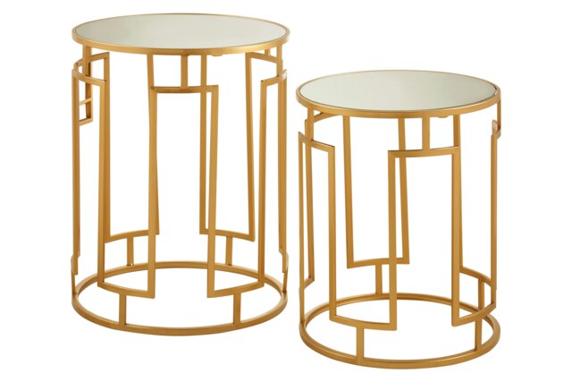 Set Of 2 Mirrored Top Round Side Tables,Gold Nesting Tables For Lounge,Bohemian Accent Tables, Small Tables Gold