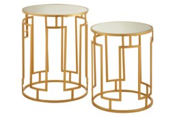 Set Of 2 Mirrored Top Round Side Tables,Gold Nesting Tables For Lounge,Bohemian Accent Tables, Small Tables Gold