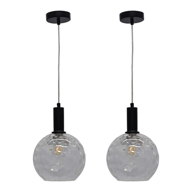 Set of 2 Barnum - Clear Dimple Glass Globe Black Deco Pendant Fittings