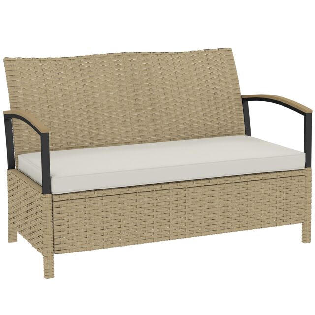 Outsunny 125L Garden Storage Bench, 2 Seater PE Rattan Outdoor Bench Brown Khaki Not provided