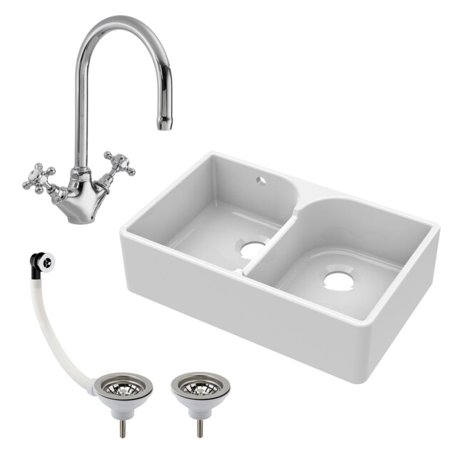 Fireclay Kitchen Sink - 795mm Double Bowl Butler with Stepped Weir, Mixer Tap & Wastes - Traditional Kitchen Design