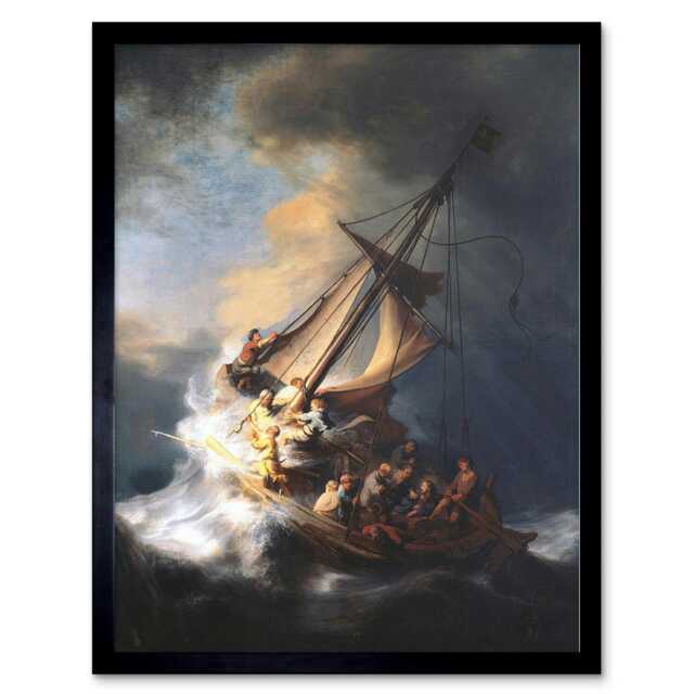 Rembrandt Christ Storm On Lake Of Galilee Old Framed Wall Art Print