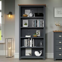 Dunkeld 5 Shelf Tall Bookcase - Midnight Blue Finish with Antique Waxed Hardwood Top and Practical Shelving Blue White Gloss One Size 1