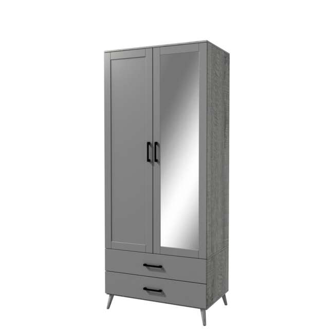 2-Door 2-Drawer Mirror Wardrobe with Legs Grey Ash Grey & Grey 55 x 9.5 x 149 1
