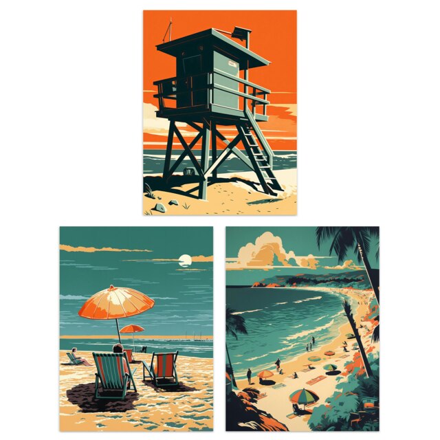Set of 2 Coastal Landscapes Graphic Artwork Summer Beach Holiday Wall Art Prints 12x16 Inch