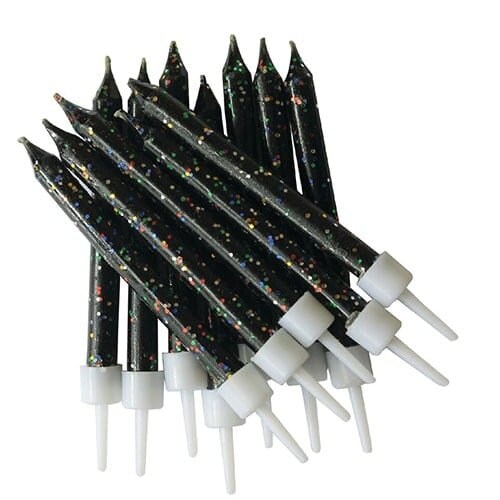 Glitter Black Candles with Holders - Pack of 12 Black