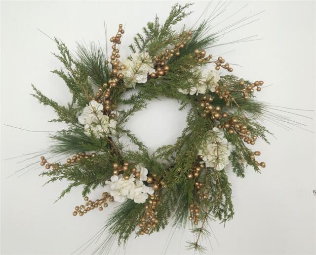 55cm Natural Looking Artificial Green Leaves, Golden Berries and White Hydrangea Flowers Wreath Front Door Hanging Christmas Decor