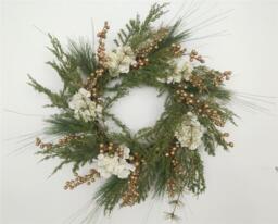 55cm Natural Looking Artificial Green Leaves, Golden Berries and White Hydrangea Flowers Wreath Front Door Hanging Christmas Decor