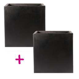 Set of Two Lite Square Box Black Light Concrete Planters L40 W40 H40 cm, 65 liters + L40 W40 H40 cm, 65 liters