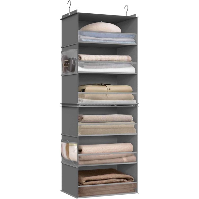 Foldable Hanging Wardrobe Organiser, 6 Tier Fabric Closet Shelf, Separable Storage with Side Pockets, Dove Grey