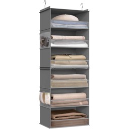Foldable Hanging Wardrobe Organiser, 6 Tier Fabric Closet Shelf, Separable Storage with Side Pockets, Dove Grey