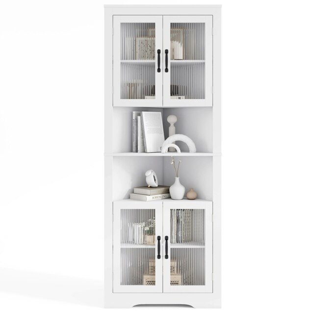 COSTWAY Space-saving Bathroom Cabinet with 4 Glass Doors White