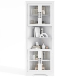 COSTWAY Space-saving Bathroom Cabinet with 4 Glass Doors White