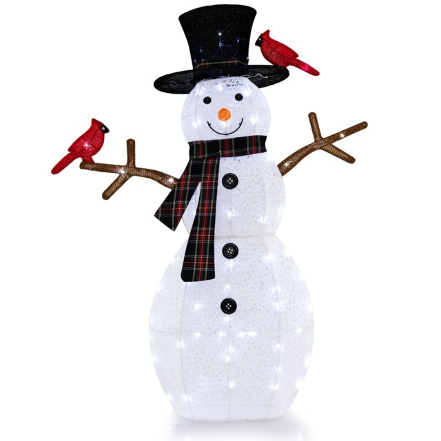 COSTWAY 4.2FT Lighted Christmas Snowman Pre-Lit Snowman and Redbirds Combo
